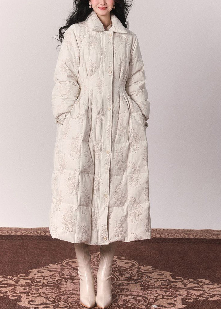 Beige Fur Collar Print Button Tunic Maxi Down Jackets Winter