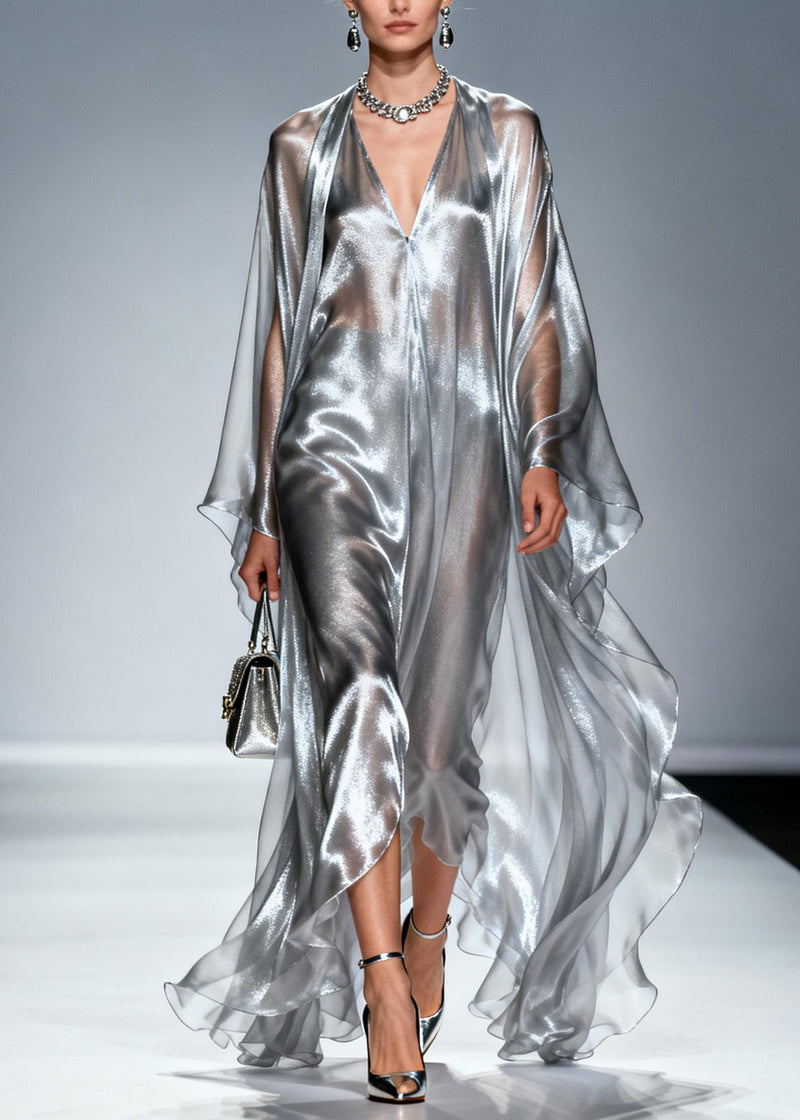 Silvery Oversized Draping Chiffon Maxi Dresses Summer
