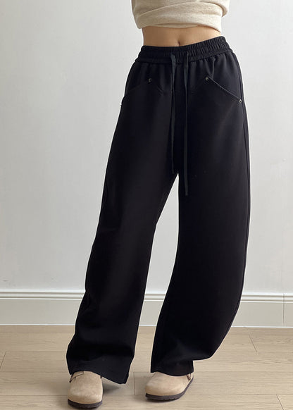 Black Pockets Cotton Pants Drawstring Elastic Waist Fall