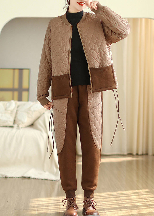 Light Brown Fine Cotton Filled Sport Two Piece Set Winter