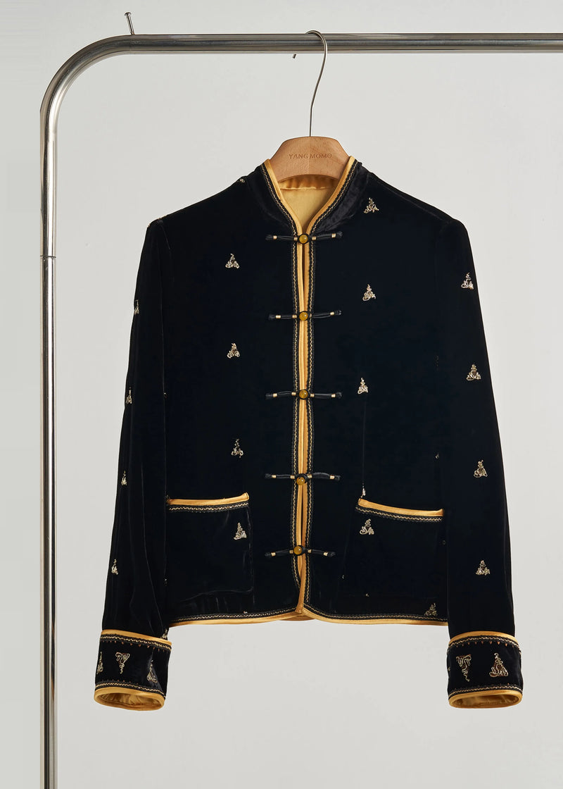 Chinese Style Black Embroidered Chinese Button Silk Velvet Coats Fall