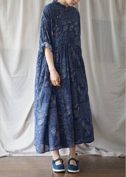 Blue Cinched Print Cotton Maxi Dress Half Sleeve