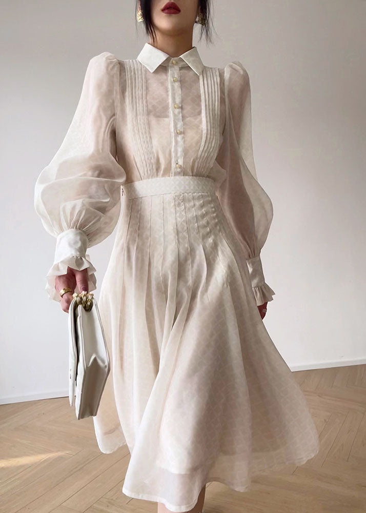 Boutique White Peter Pan Collar Wrinkled Silk Shirts and Skirts Two Pieces Set Lantern Sleeve
