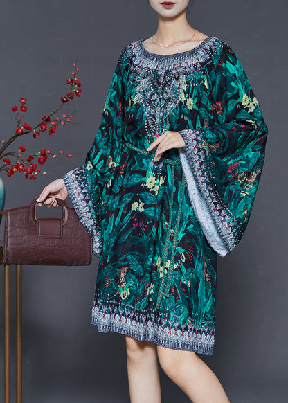 Green Tie Waist Print Chiffon Work Dress Flare Sleeve