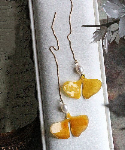Stylish Yellow 14k Gold Pearl Ginkgo Leaf Tassel Drop Earrings