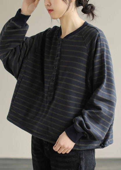Simple O Neck Spring Clothes for Christmas Gifts Navy Striped Blouses