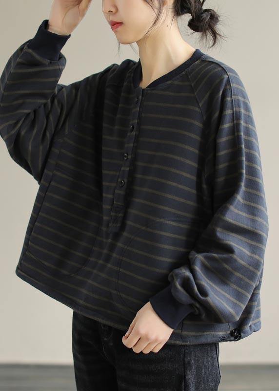 Simple O Neck Spring Clothes for Christmas Gifts Navy Striped Blouses