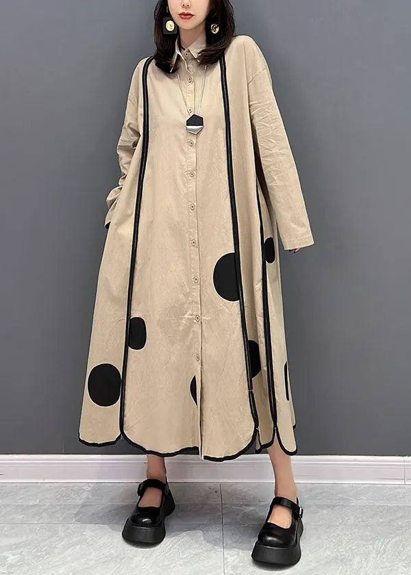 Khaki Peter Pan Collar Patchwork Dot Print Cotton Vacation Dresses Fall