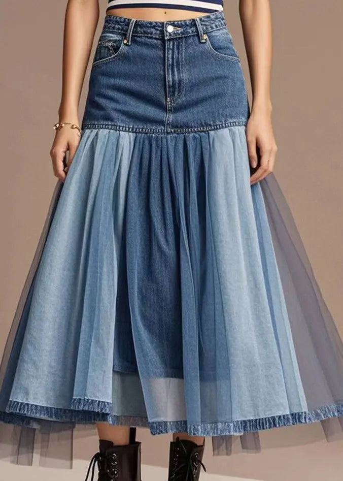 Italian Blue High Waist Patchwork Denim Skirts Fall