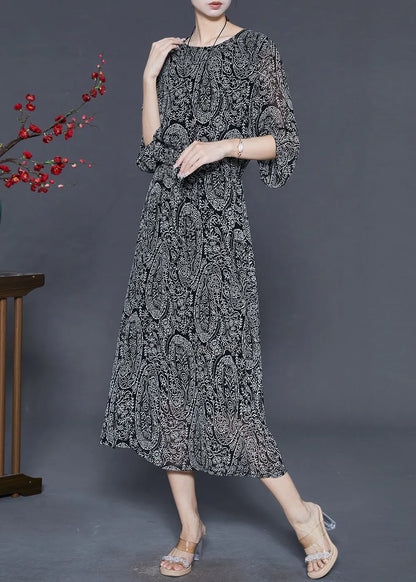 Black Tie Waist Print Chiffon Dress Summer