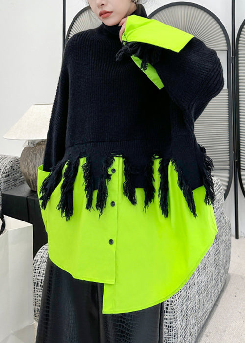 Black Turtleneck Asymmetrical Patchwork Knit Sweater Winter