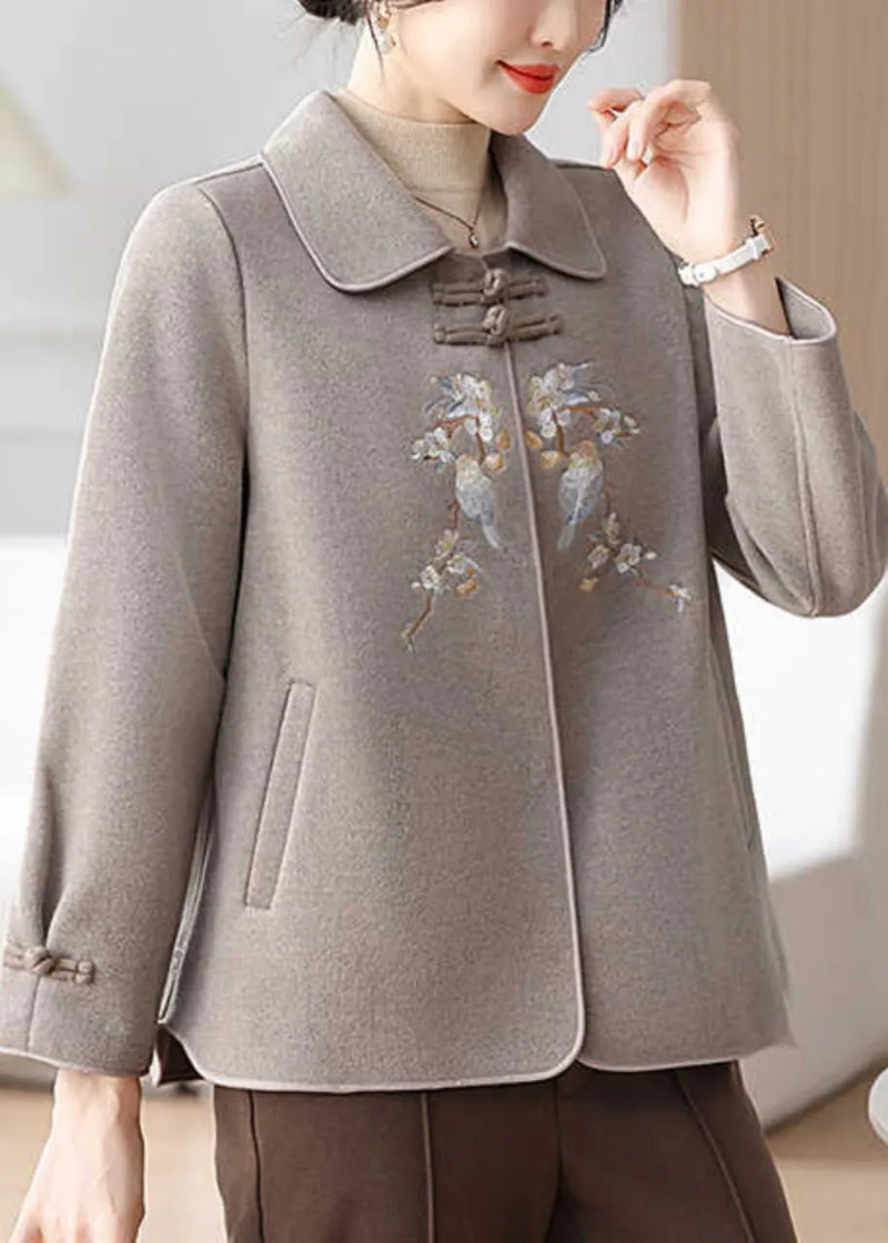 Boutique Grey Embroidered Oriental Button Woolen Coats Winter