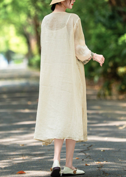 Apricot Side Open Linen Dresses Embroidered Bracelet Sleeve Summer