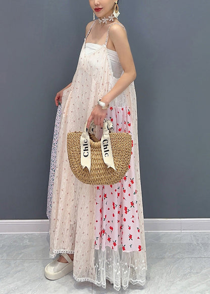 Italian Print Patchwork Tulle Spaghetti Strap Dress Sleeveless