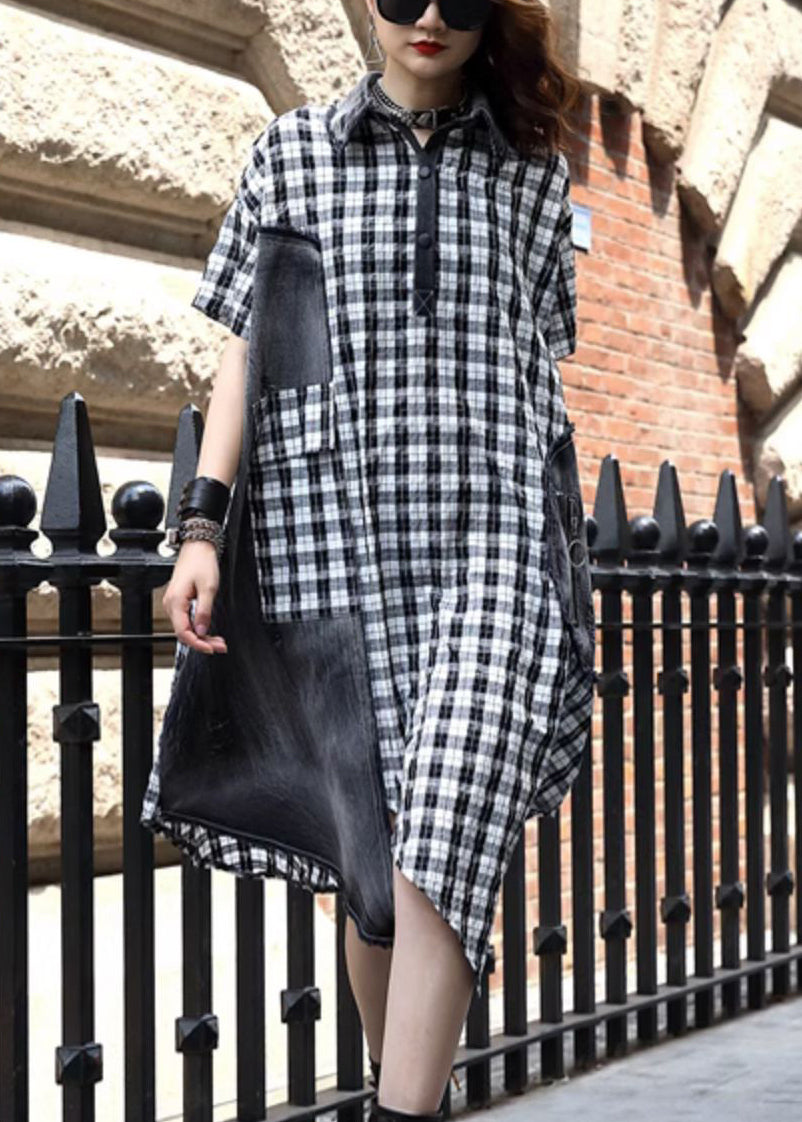 Plaid Button Patchwork Cotton Dress Summer