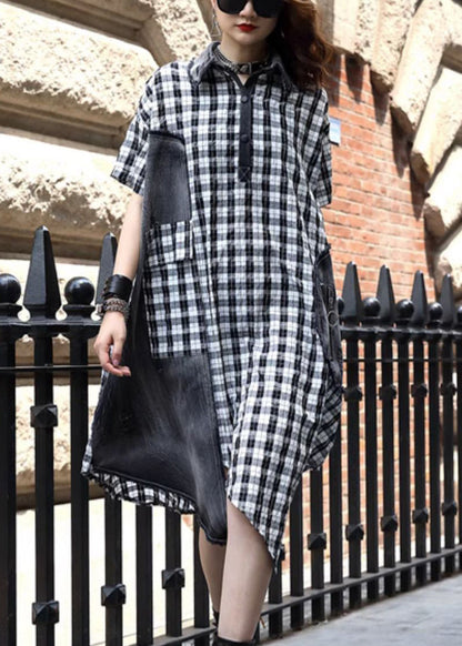 Plaid Button Patchwork Cotton Dress Summer