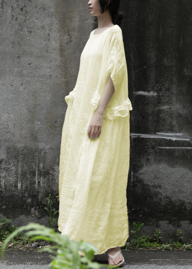 Loose Pink Ruffled Linen Two Pieces Set Summer