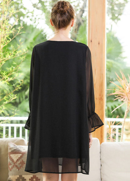 Black O-neck Chiffon a Line Dress Lantern Sleeve