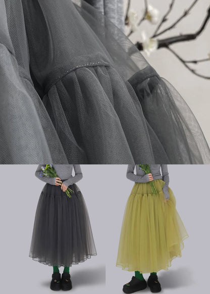 Loose Grey Wrinkled Elastic Waist Tulle Skirt Fall