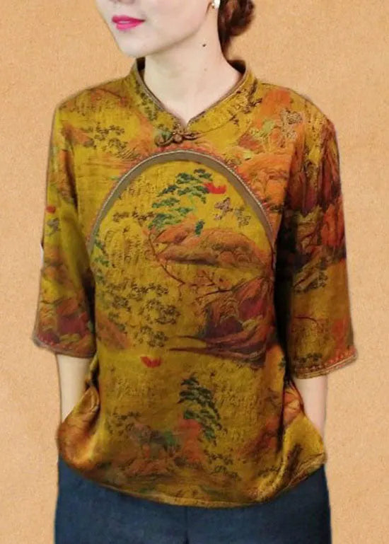 Diy Yellow Stand Collar Print Patchwork Silk Shirt Top Spring
