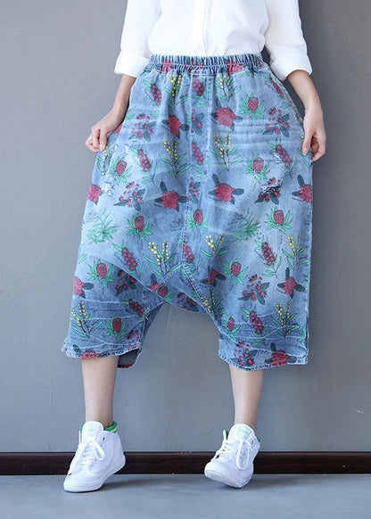 Handmade Denim Blue Elastic Waist Oversized Print Cotton Harem Pants Spring