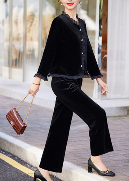 Modern Black Ruffled Patchwork Silk Velour Shirts and Pants Two Piece Set Long Sleeve