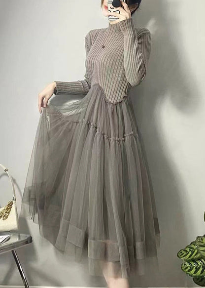 Grey Asymmetrical Tulle Patchwork Long Dresses Fall