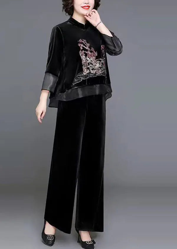 Black Stand Collar Patchwork Velour Two Pieces Set Fall