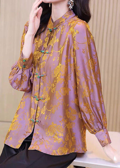 Diy Orange Stand Collar Jacquard Oriental Button Silk Shirt Tops Long Sleeve