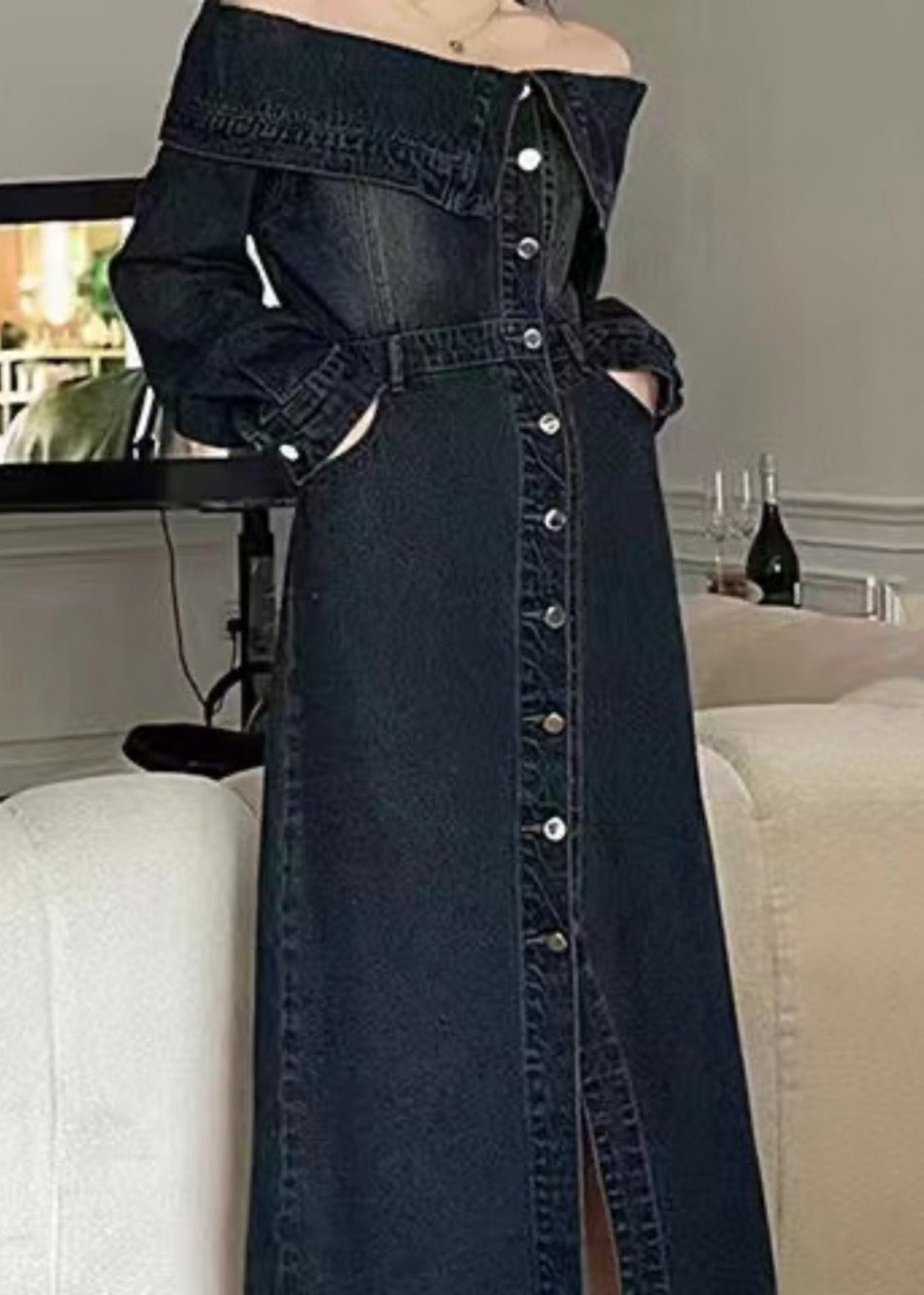 Blue Slash Neck Patchwork Side Open Denim Long Dresse Puff Sleeve Spring