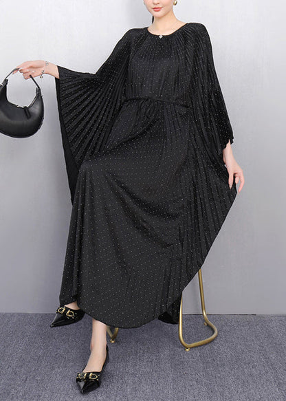Black Oversized Cotton Pleated Dress Batwing Sleeve