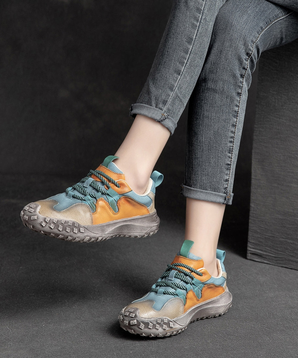 Blue Flat Shoes Platform Cowhide Leather Splicing Lace Up