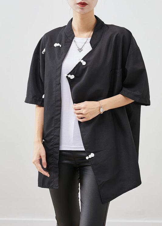 Black Oversized Chinese Style Cotton Shirt Short Sleeve