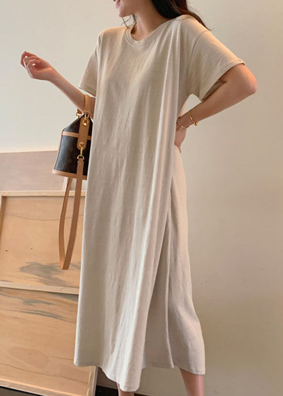 Beige Loose Cotton Maxi Dress Short Sleeve
