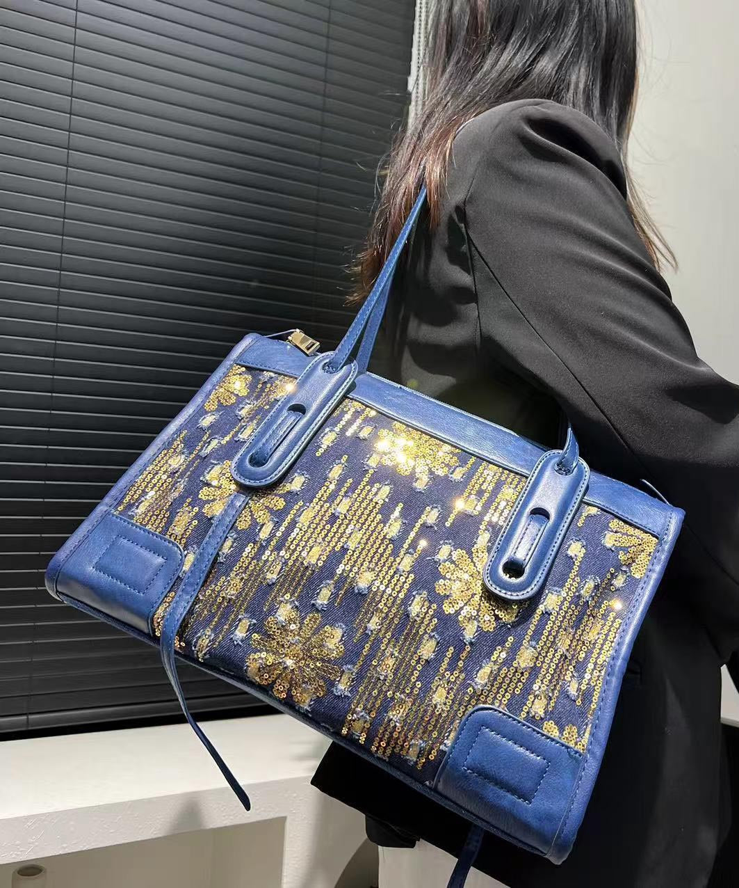 Blue Sequins Patchwork Denim Shoulder Bags