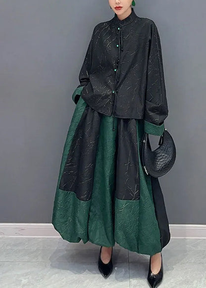 Black Patchwork Green Button Shirts and a Line Skirts Two Piece Set Fall
