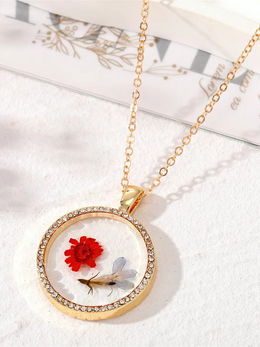 Resin Pressed Flower Necklaces - Rhinestone Birth Month