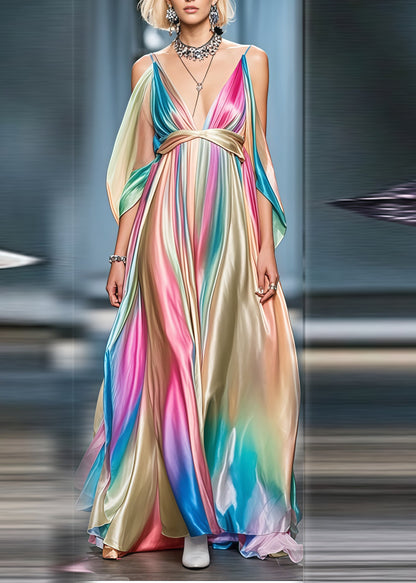 Gradient Color Cold Shoulder Exra Large Hem Silk Party Dress Summer
