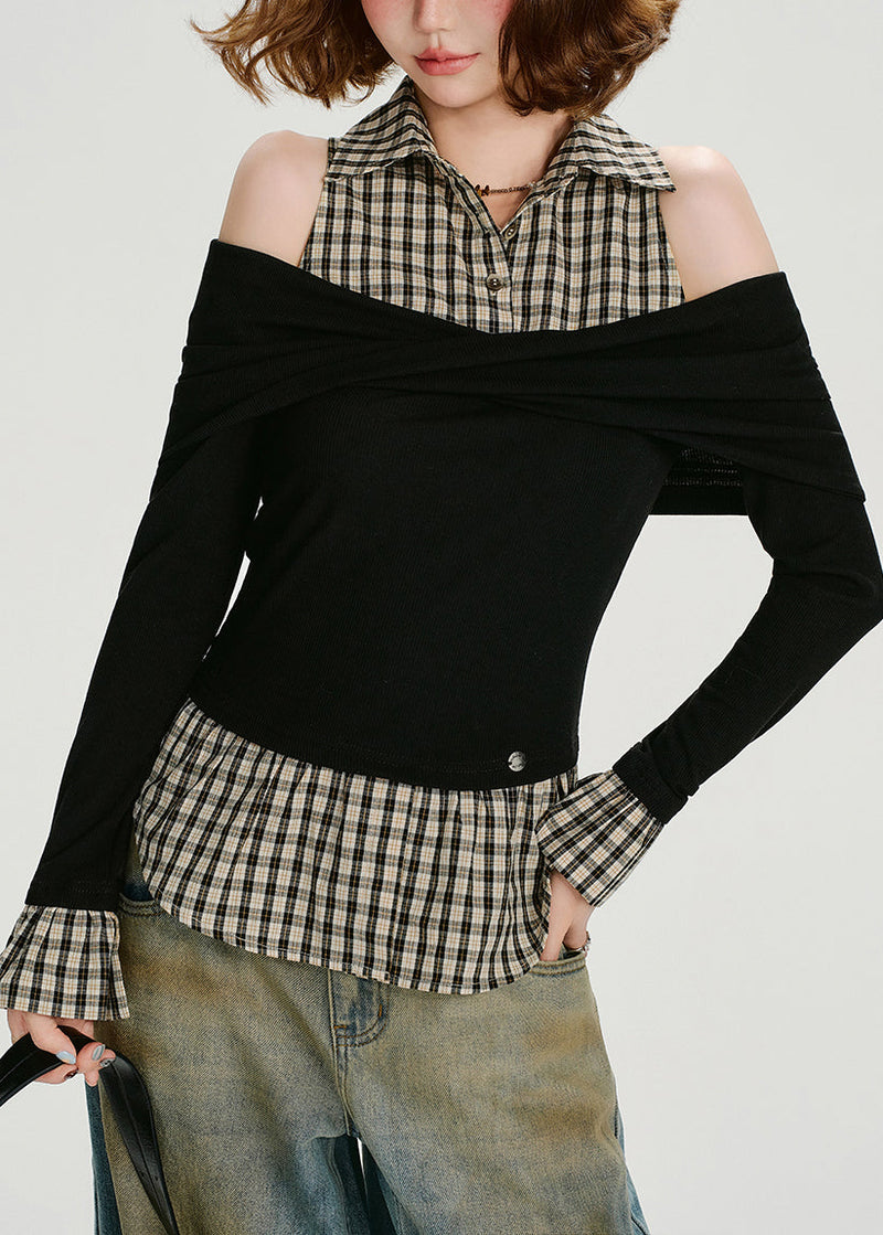 Black Cold Shoulder Patchwork Cotton Blouse Tops Spring