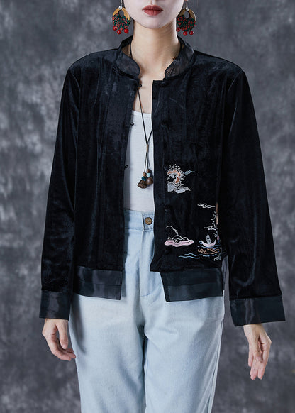 Art Black Embroideried Patchwork Silk Velour Jacket Fall