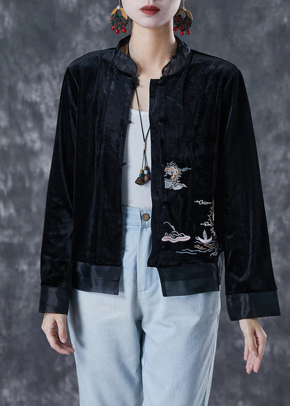Art Black Embroideried Patchwork Silk Velour Jacket Fall