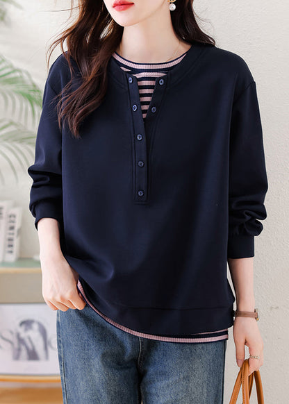 Navy Oversized Patchwork Cotton Sweatshirt Fall