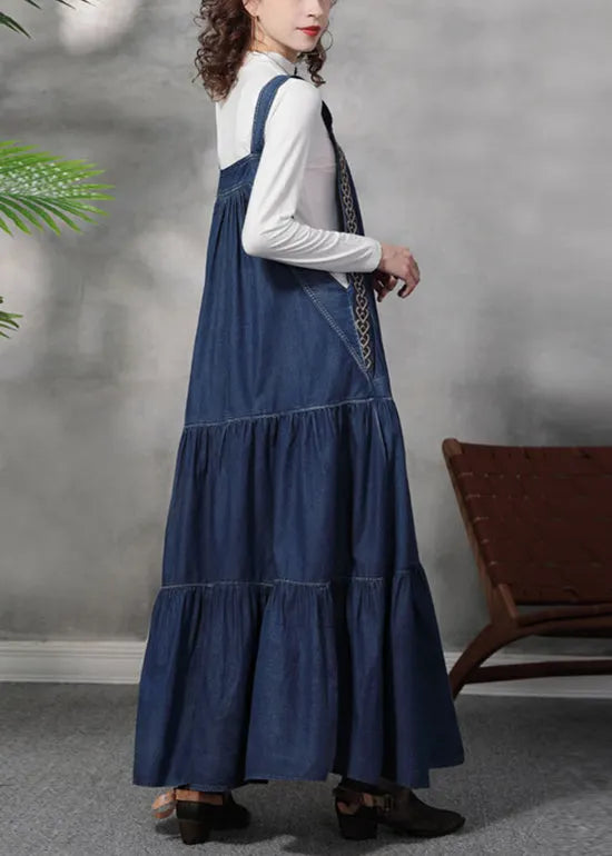 Stylish Blue Wrinkled Embroideried Spaghetti Strap Cotton Denim Dresses Spring