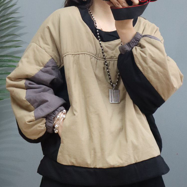 Khaki O-neck Lantern Sleeve Fine Cotton Filled Sweatshirt Street Wear
