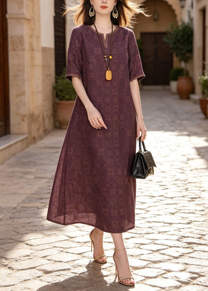 Classy Purple O Neck Print Silk Dresses Summer