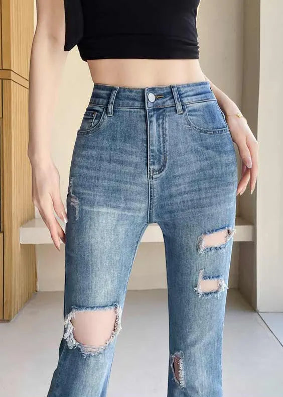 Classy Blue Silm Fit Denim Ripped Bell-bottom Trousers Fall
