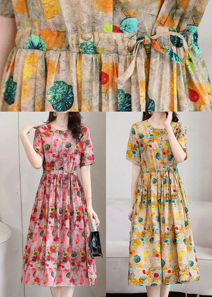 Yellow Print Linen Dresses O-neck Cinched Drawstring Short Sleeve