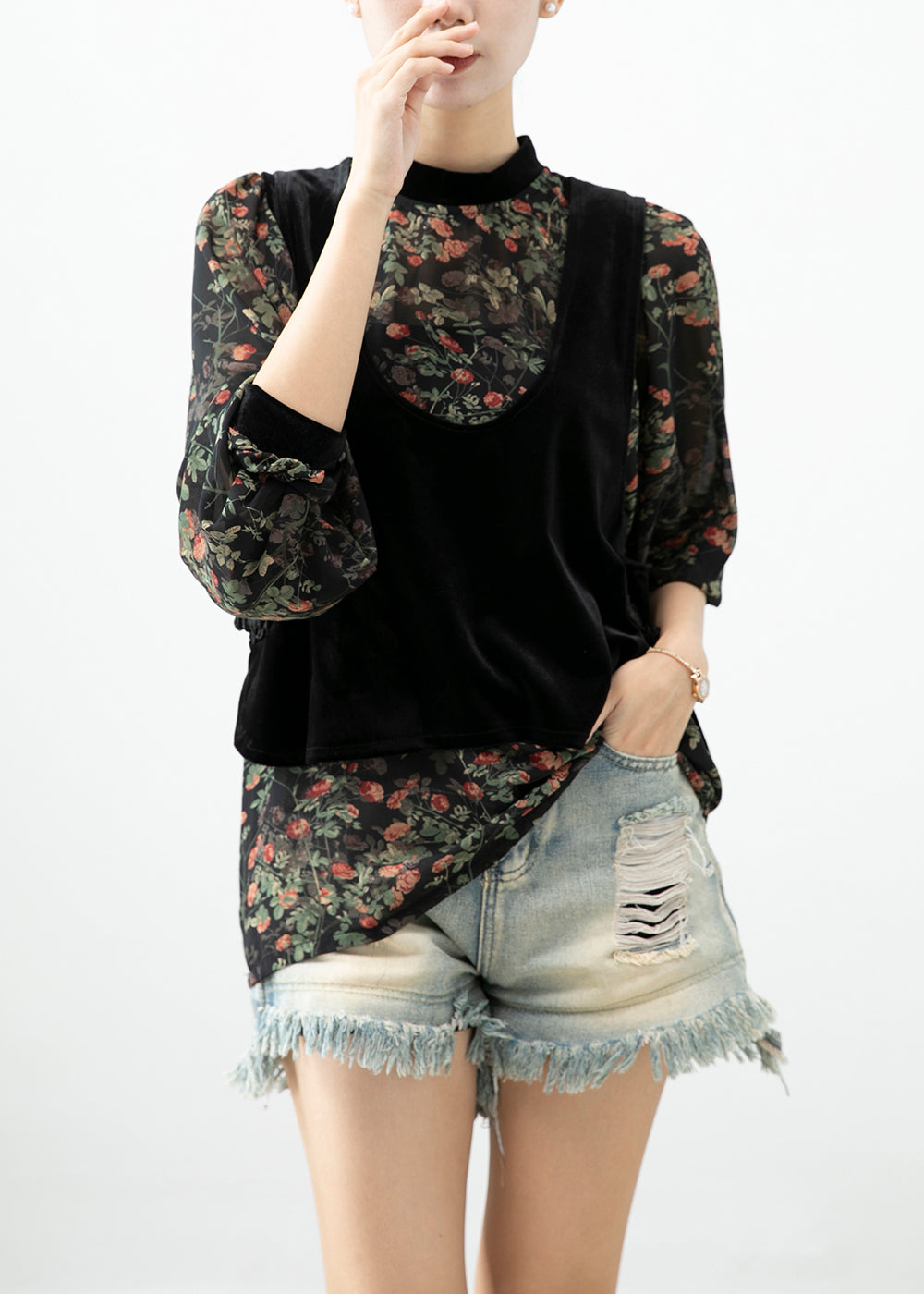 Unique Black Chinese Button Silk Velour Vests and Chiffon Shirts Two-piece Set Fall