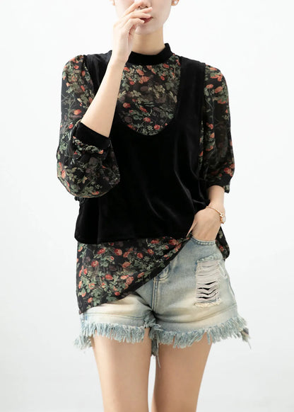 Unique Black Chinese Button Silk Velour Vests and Chiffon Shirts Two-piece Set Fall