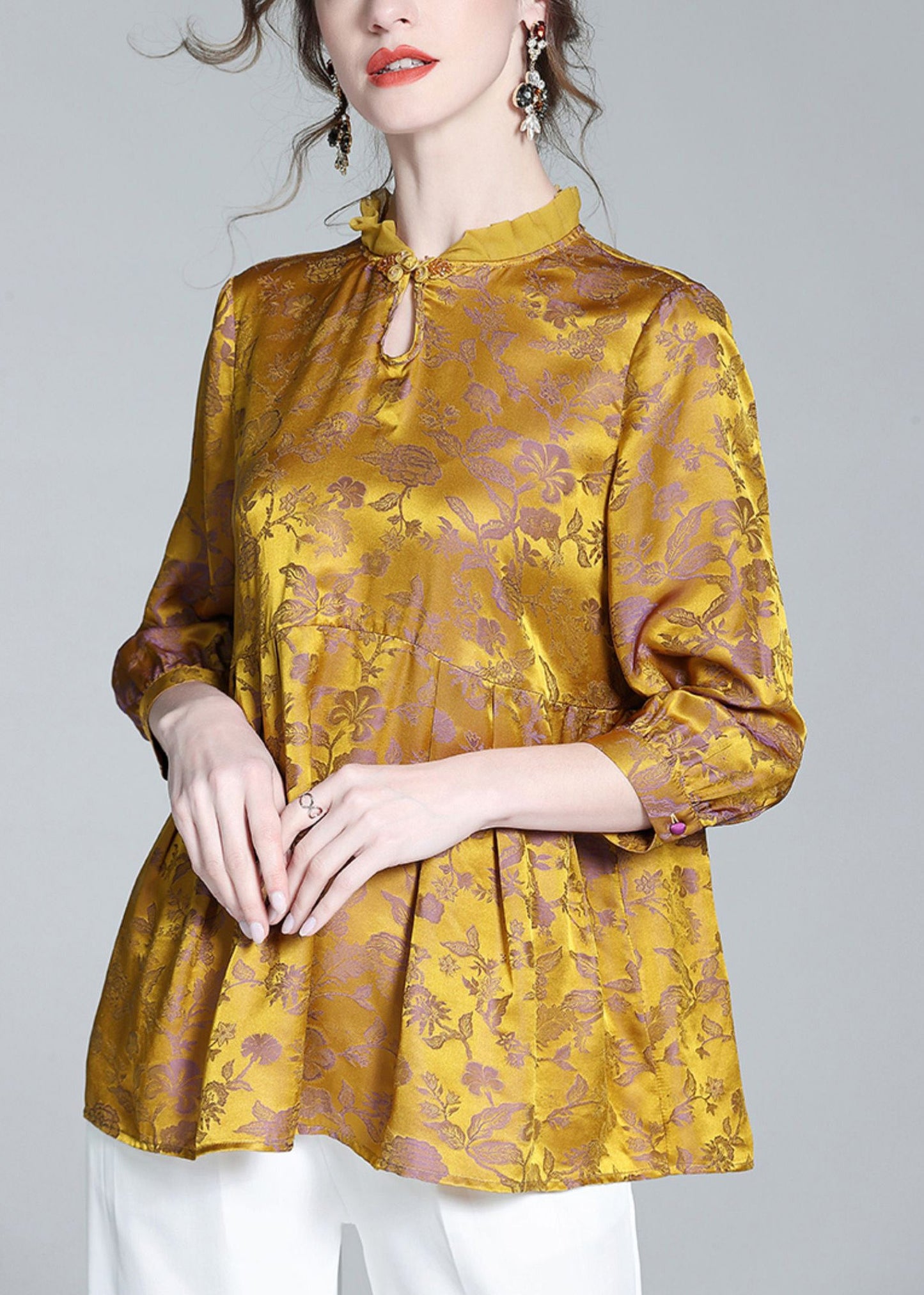 Gold Stand Collar Print Button Silk Tops Long Sleeve